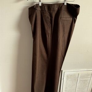 Chocolate brown pants suit. Cuffed pants, three quarter length sleeves on jacket
